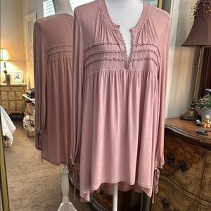 POL Pink Relaxed Ruffled Tunic with Mandarin Collar NWOT